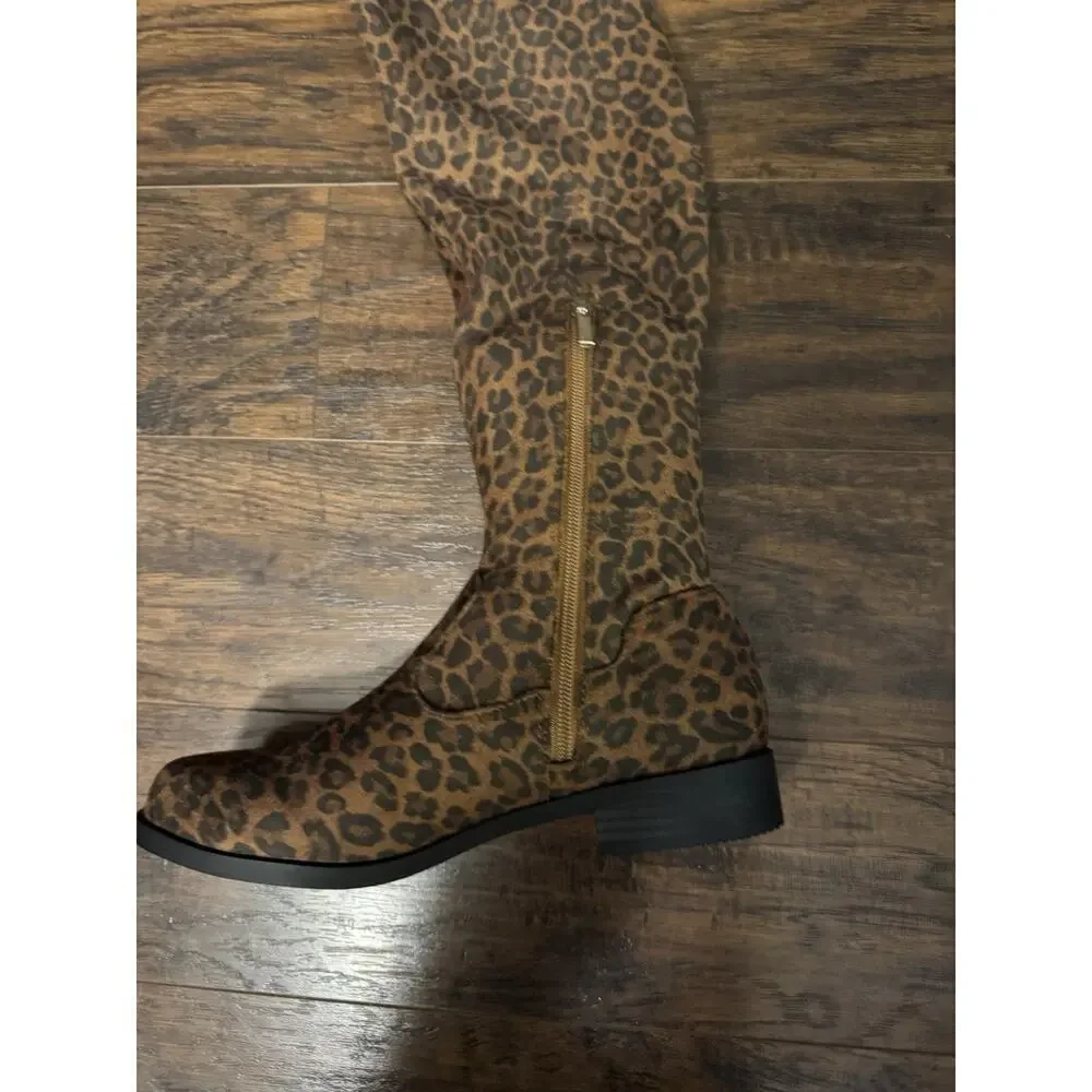JF JustFab Boots Womens Reena Over the Knee Riding Leopard Brown Fabric Zip Sz:8
